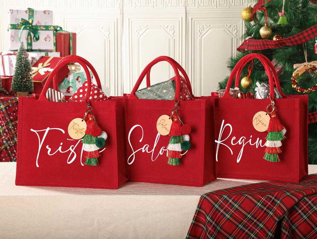 Personalized Holiday Gift Bag & Charm - Custom Name Party Bags for Christmas Eve & Festive Presents