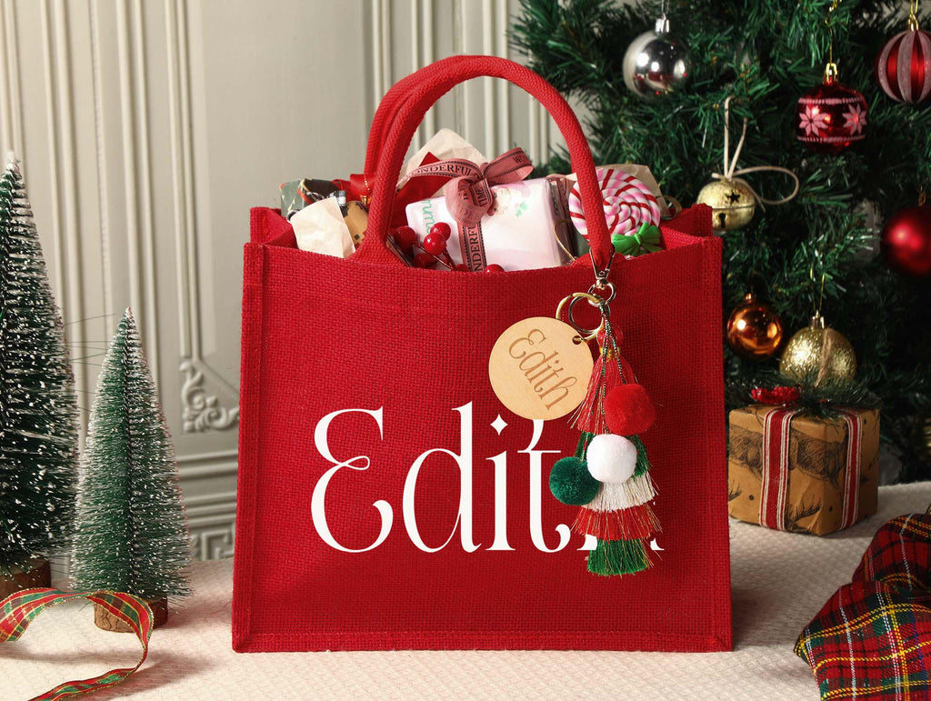 Personalized Holiday Gift Bag & Charm - Custom Name Party Bags for Christmas Eve & Festive Presents