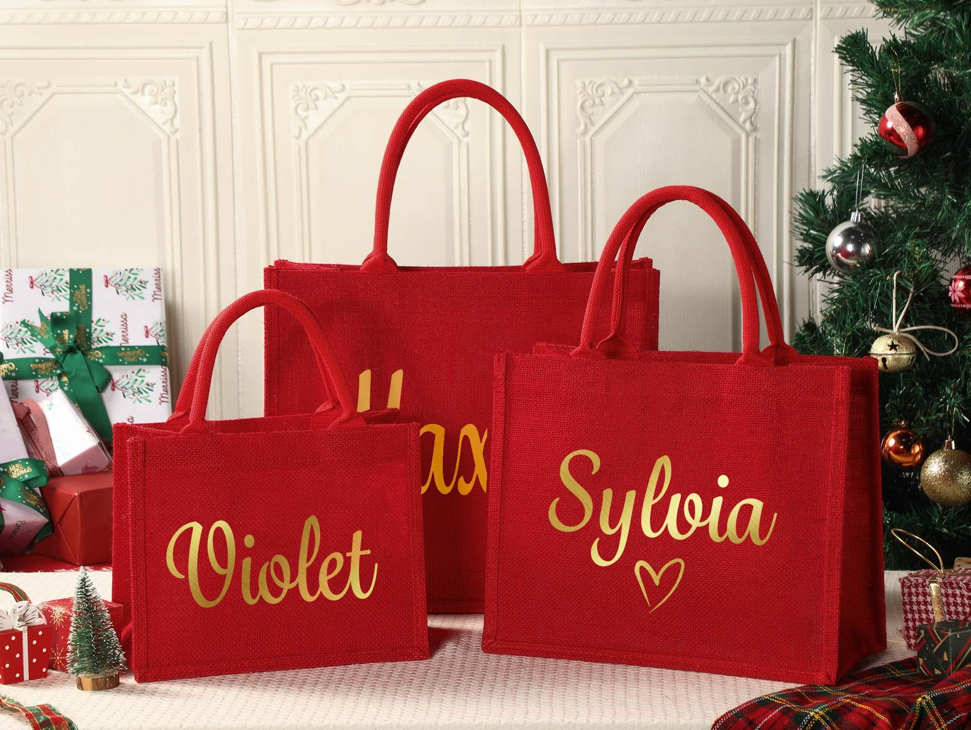 Personalized Holiday Gift Bag & Charm - Custom Name Party Bags for Christmas Eve & Festive Presents