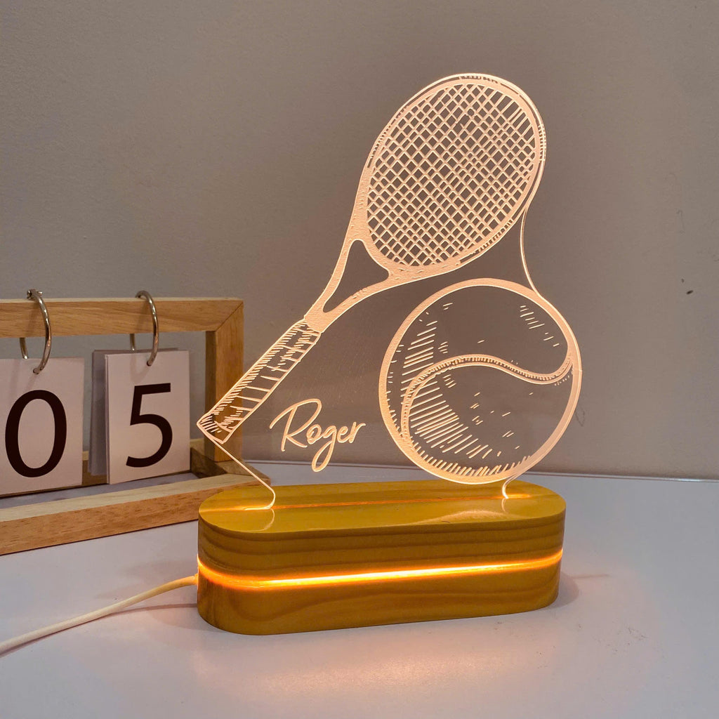 Personalized Tennis Night Light: Engraved Desk Lamp, Pine Wood Base