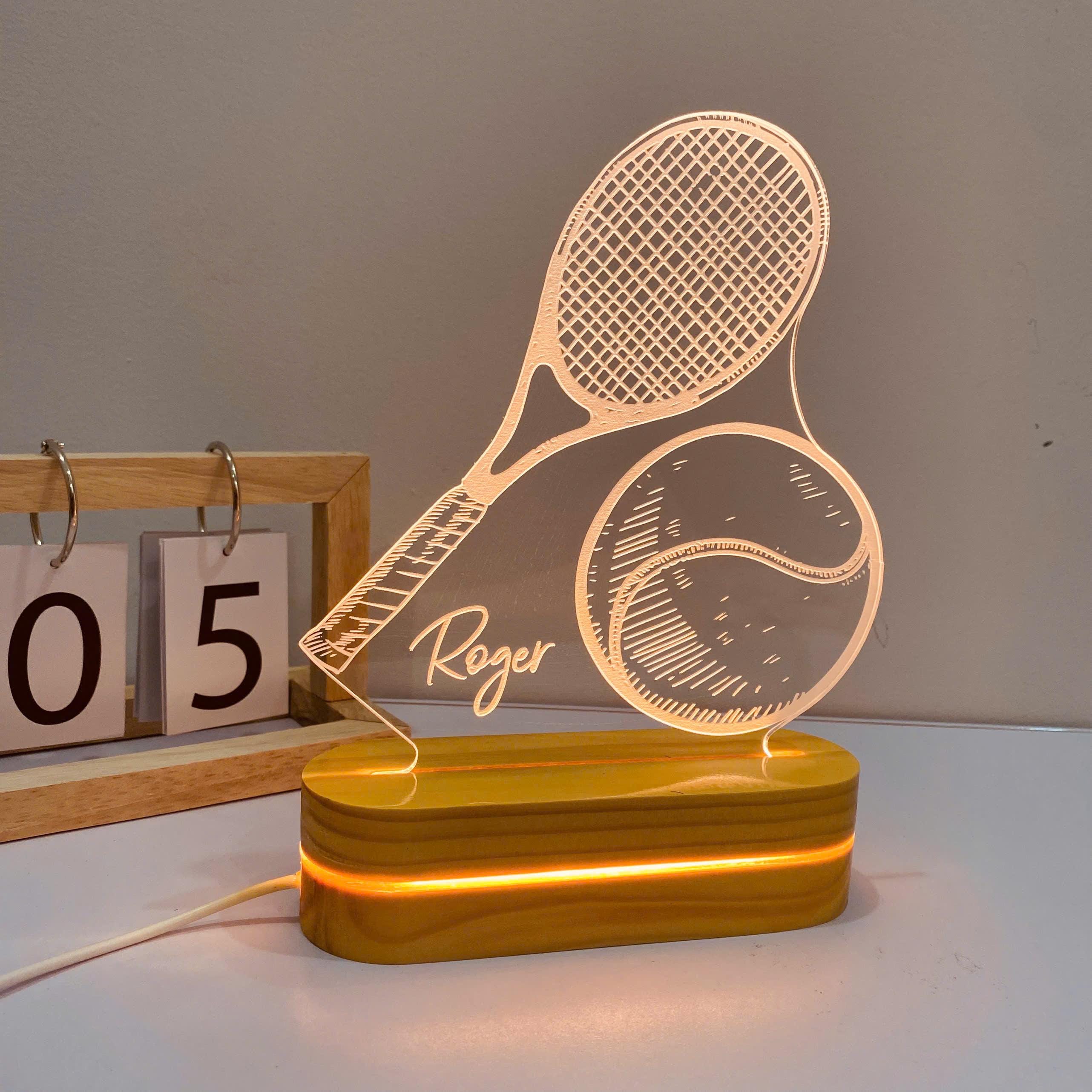 Personalized Tennis Night Light: Engraved Desk Lamp, Pine Wood Base