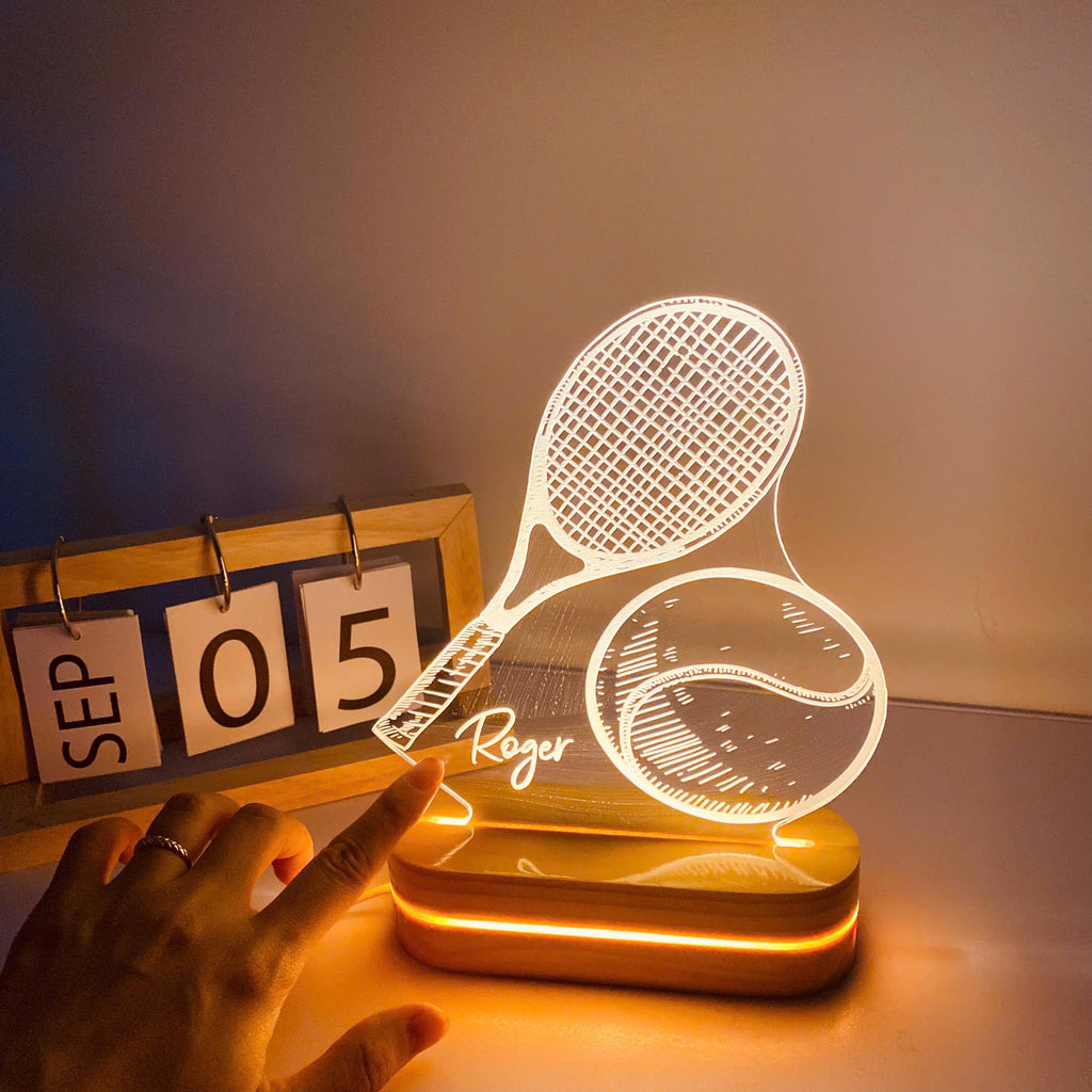 Personalized Tennis Night Light: Engraved Desk Lamp, Pine Wood Base