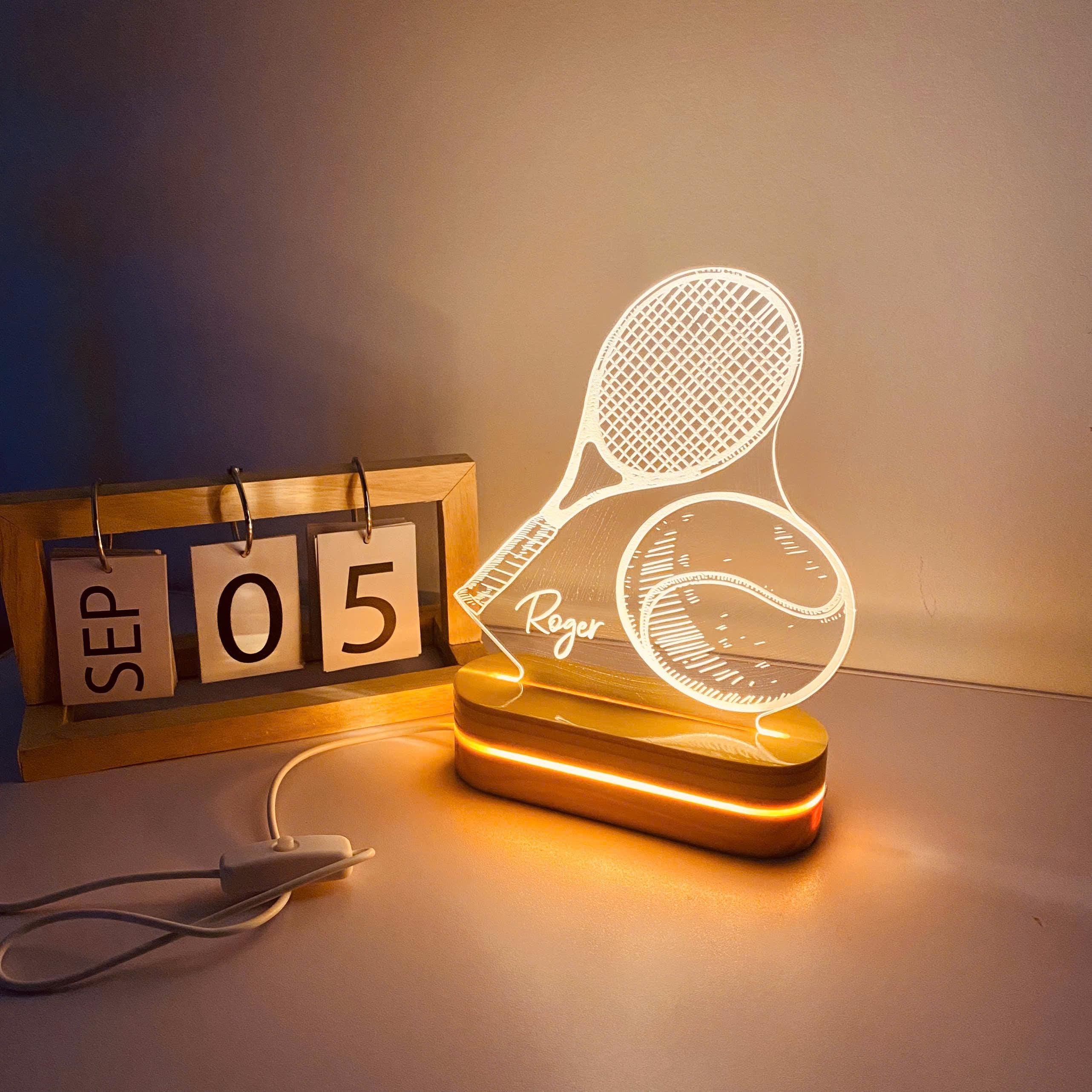 Personalized Tennis Night Light: Engraved Desk Lamp, Pine Wood Base