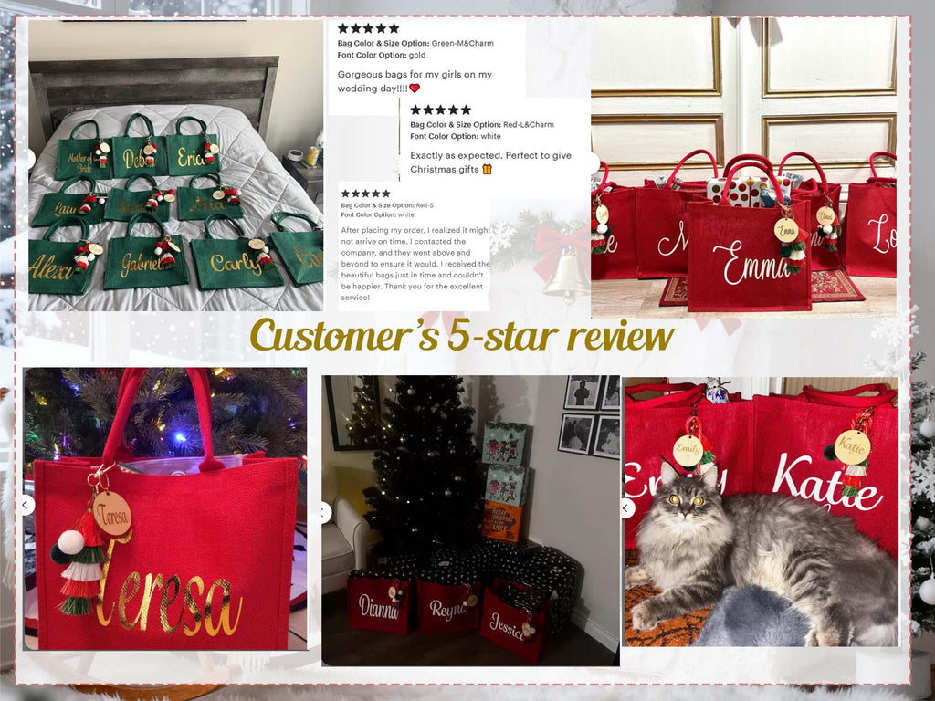 Personalized Holiday Gift Bag & Charm - Custom Name Party Bags for Christmas Eve & Festive Presents
