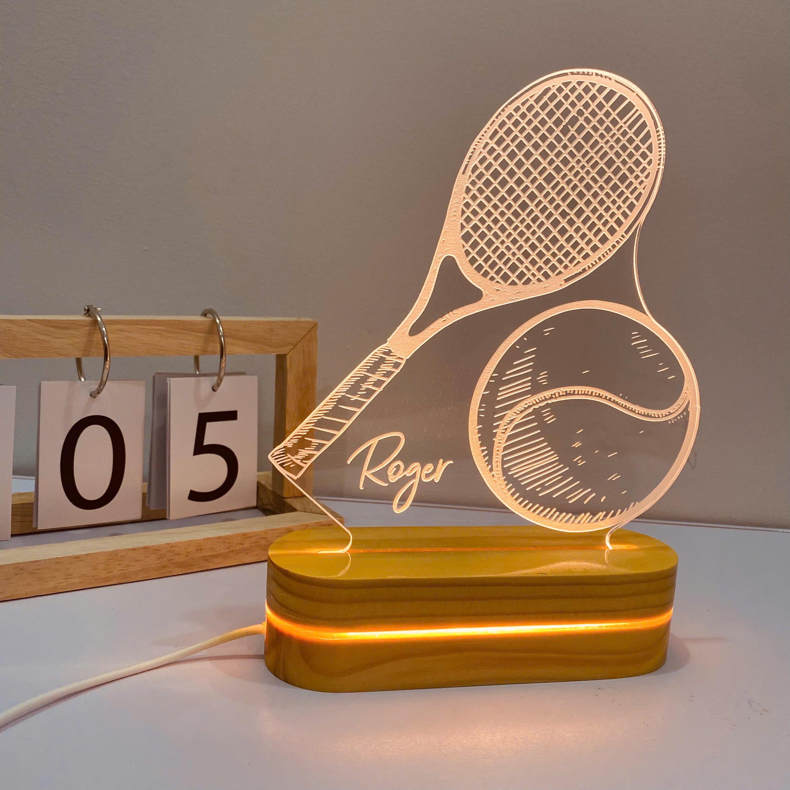 Personalized Tennis Night Light: Engraved Desk Lamp, Pine Wood Base