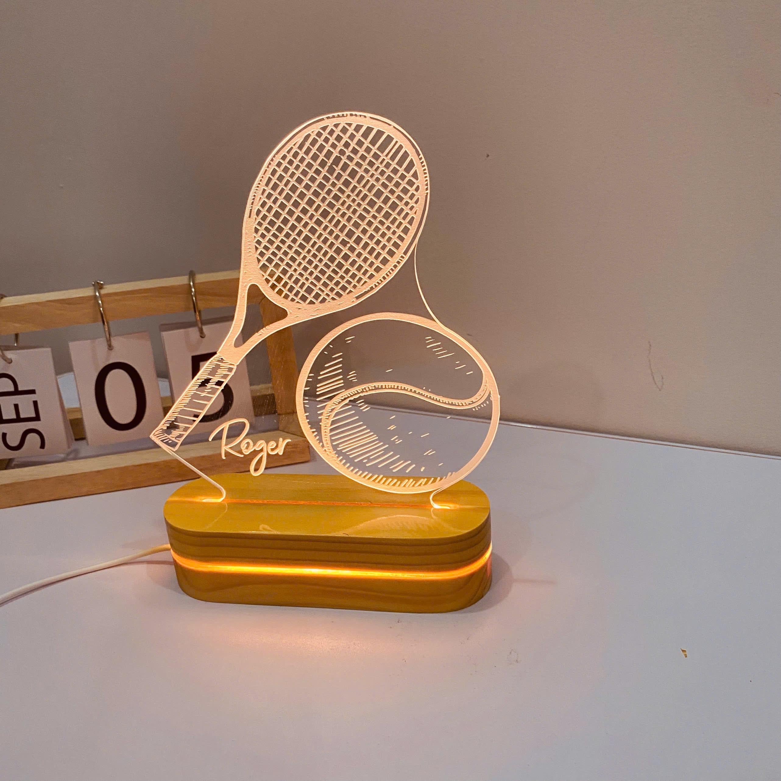 Personalized Tennis Night Light: Engraved Desk Lamp, Pine Wood Base