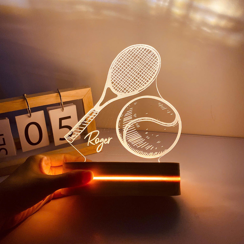 Personalized Tennis Night Light: Engraved Desk Lamp, Pine Wood Base