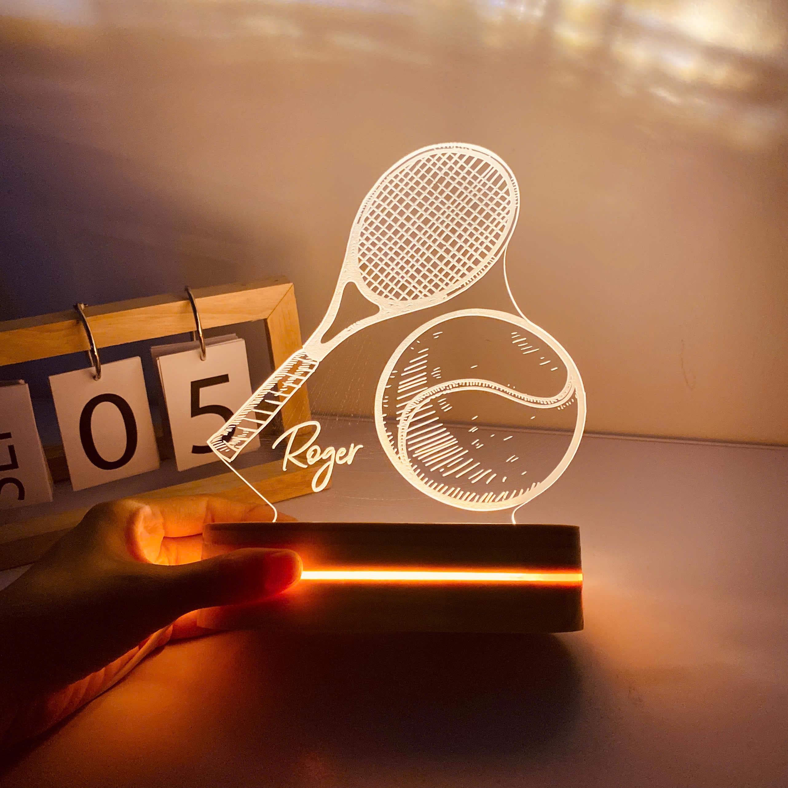Personalized Tennis Night Light: Engraved Desk Lamp, Pine Wood Base