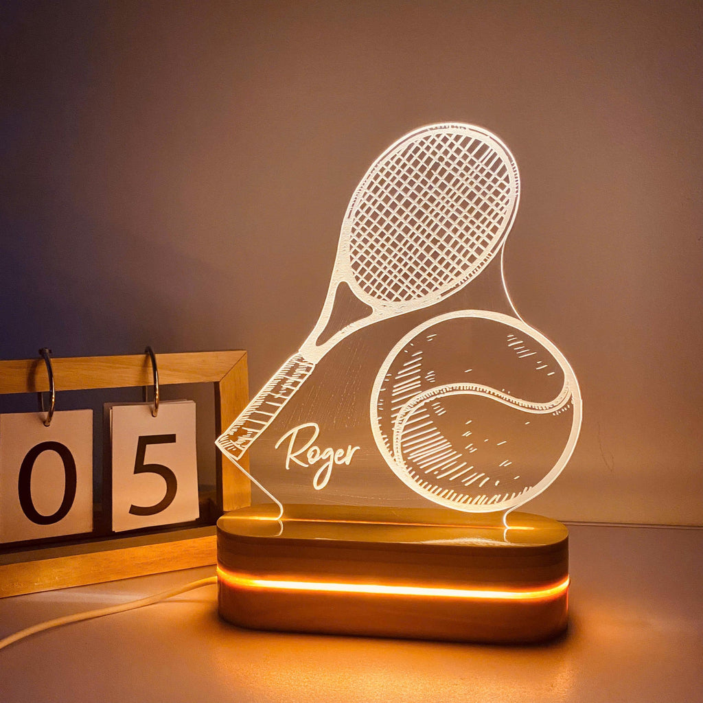 Personalized Tennis Night Light: Engraved Desk Lamp, Pine Wood Base